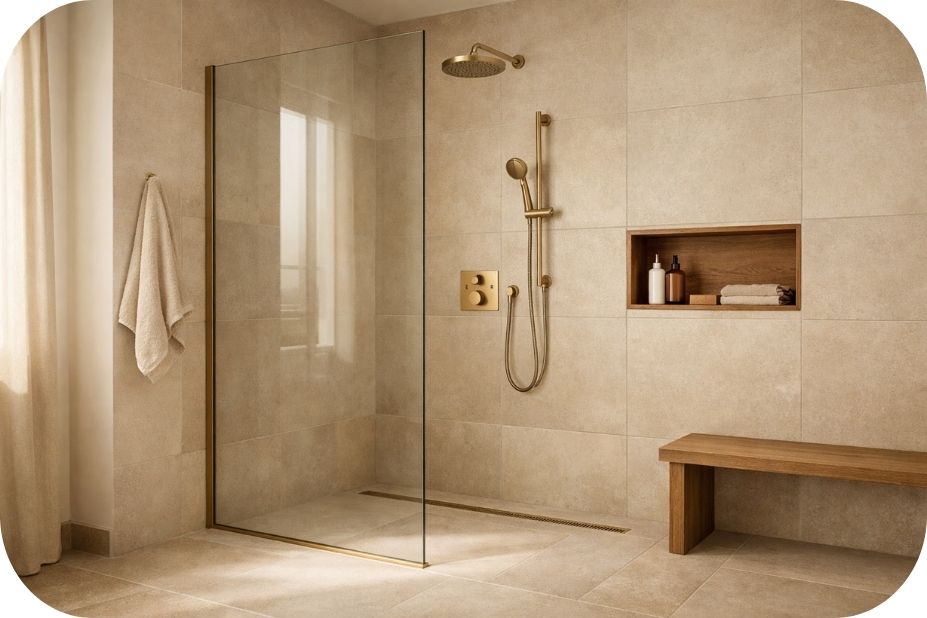 Walk-in tuš sa toplim tonovima, pravilnom proporcijom stakla i kontinuitetom poda