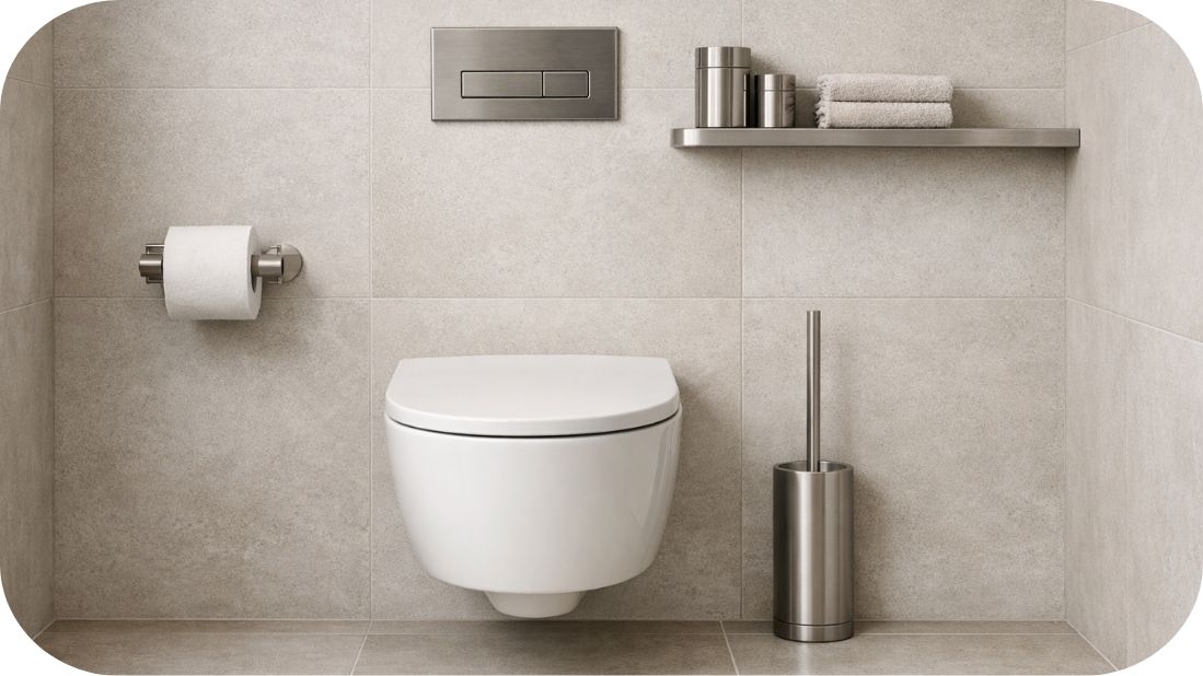 Uređena WC zona sa usklađenom kupatilskom galanterijom i policom iznad vodokotlića