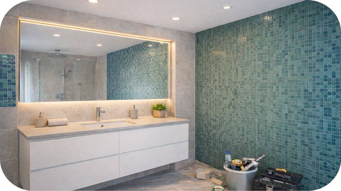 Kupatilo u završnoj fazi renoviranja sa zelenim mozaik pločicama