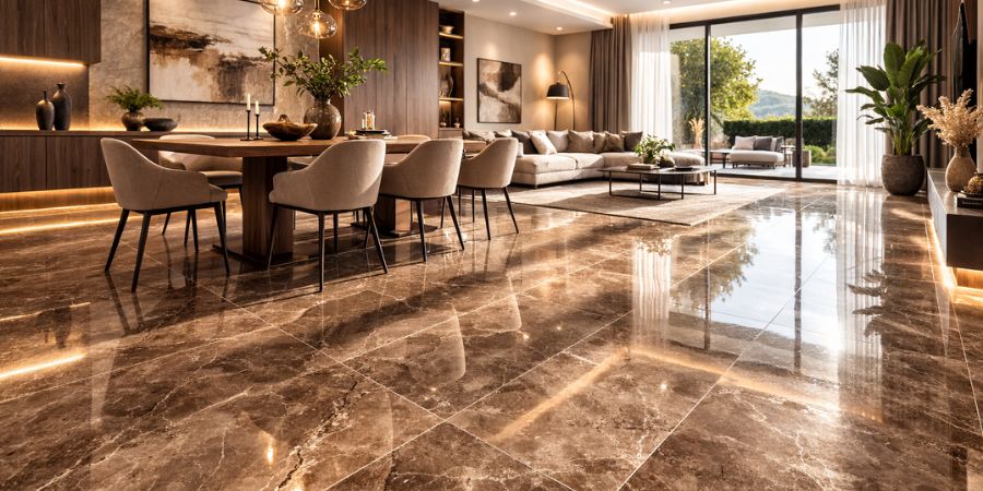 Zendros Choco 60x120 granitne pločice mermernog dezena u dnevnom prostoru