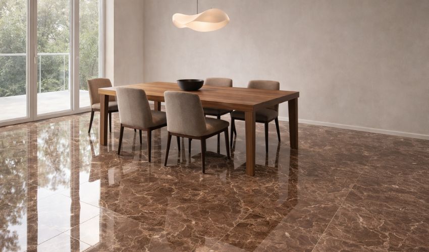 Zendros Choco 60x60 granitne pločice mermernog dezena u modernoj trpezariji