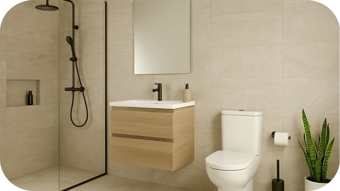 Zidne i podne pločice u istoj paleti boja u kupatilu