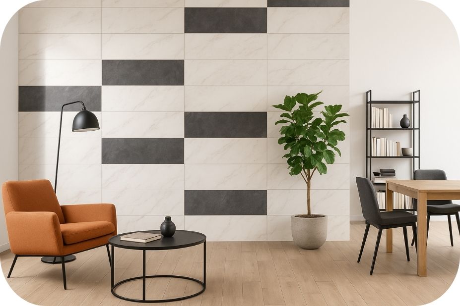 Zidne pločice u modernom dnevnom boravku – kombinacija belih i antracit tonova