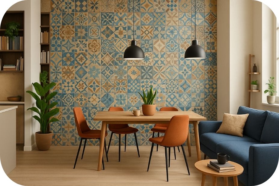 Zidne pločice u patchwork retro stilu – plava, bež i oker kombinacija